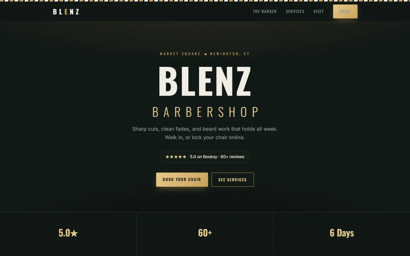 BLENZ barbershop demo site shown in a desktop browser