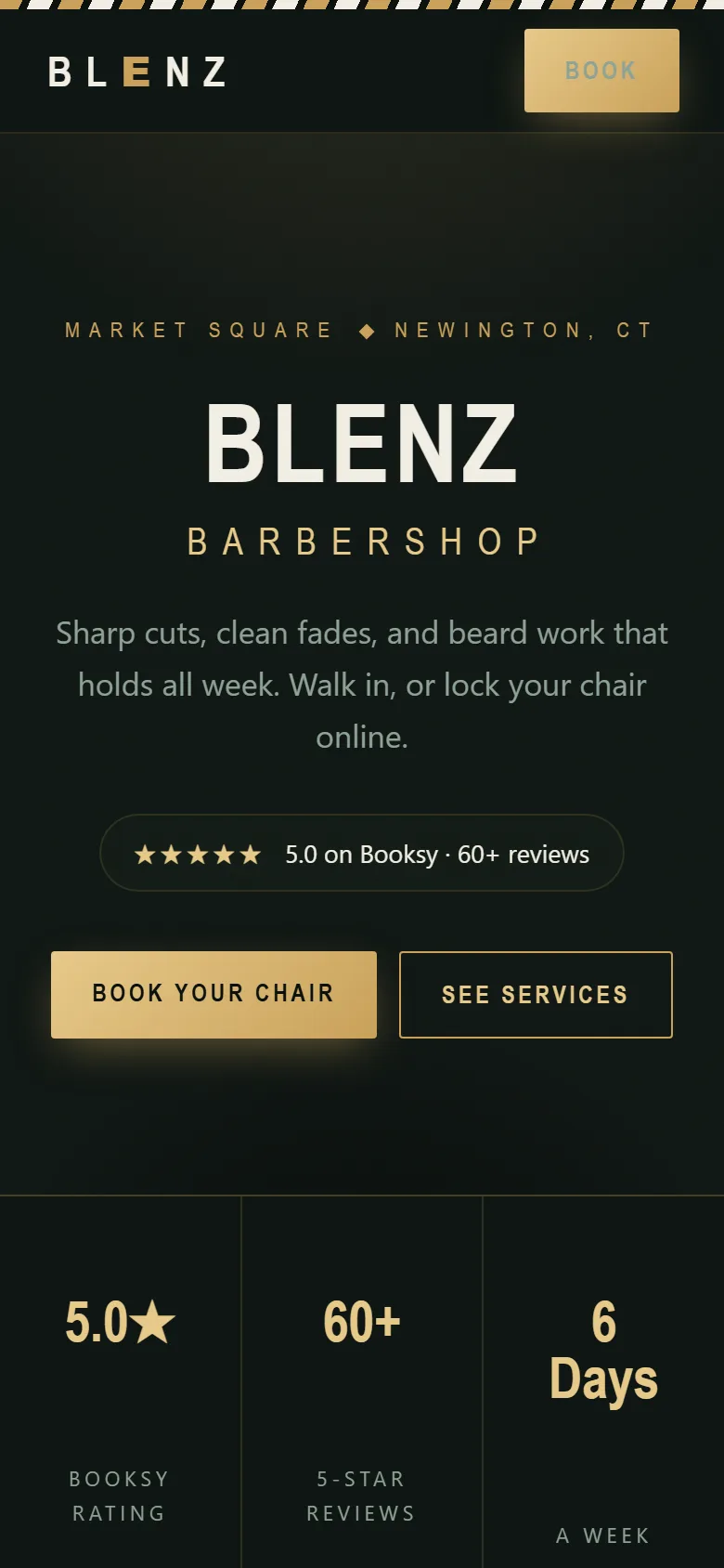 BLENZ barbershop demo site on a phone screen