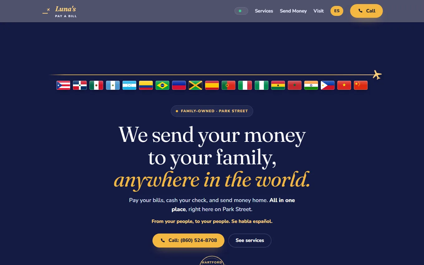 Luna's money-services site shown in a desktop browser