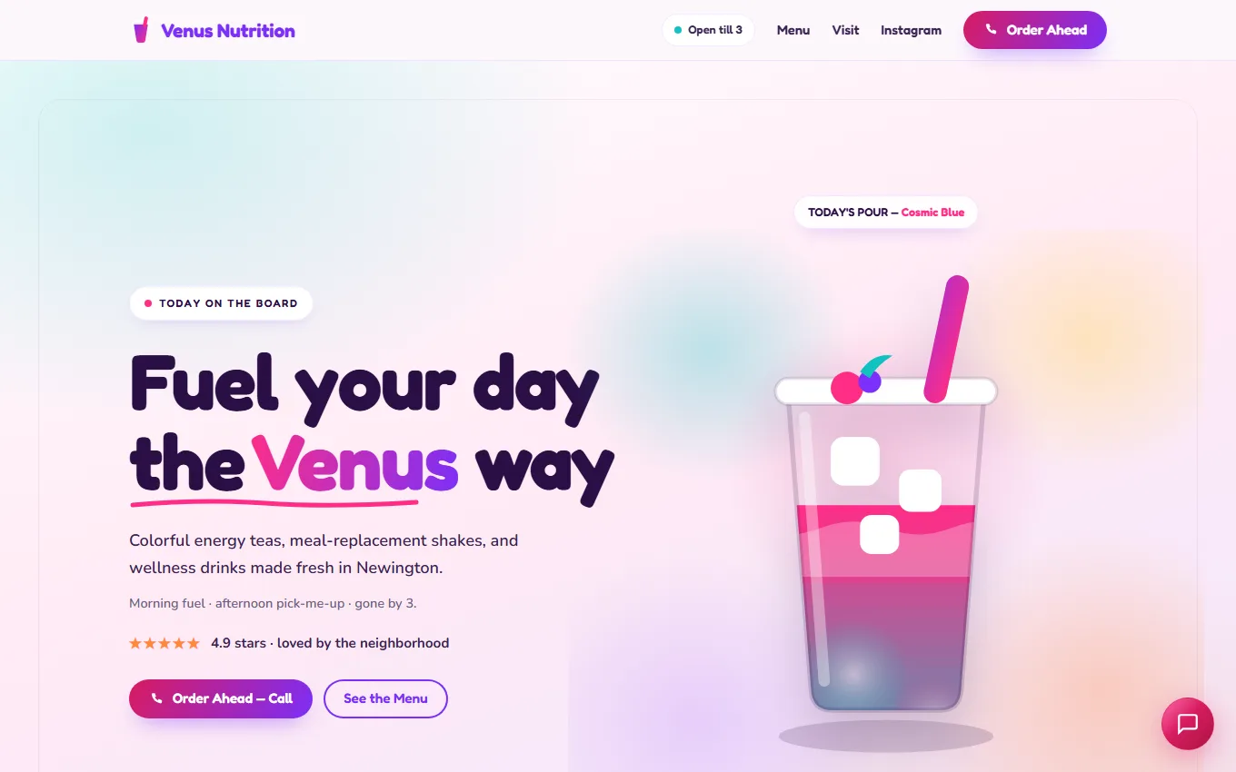 Venus tea shop site preview shown in a desktop browser